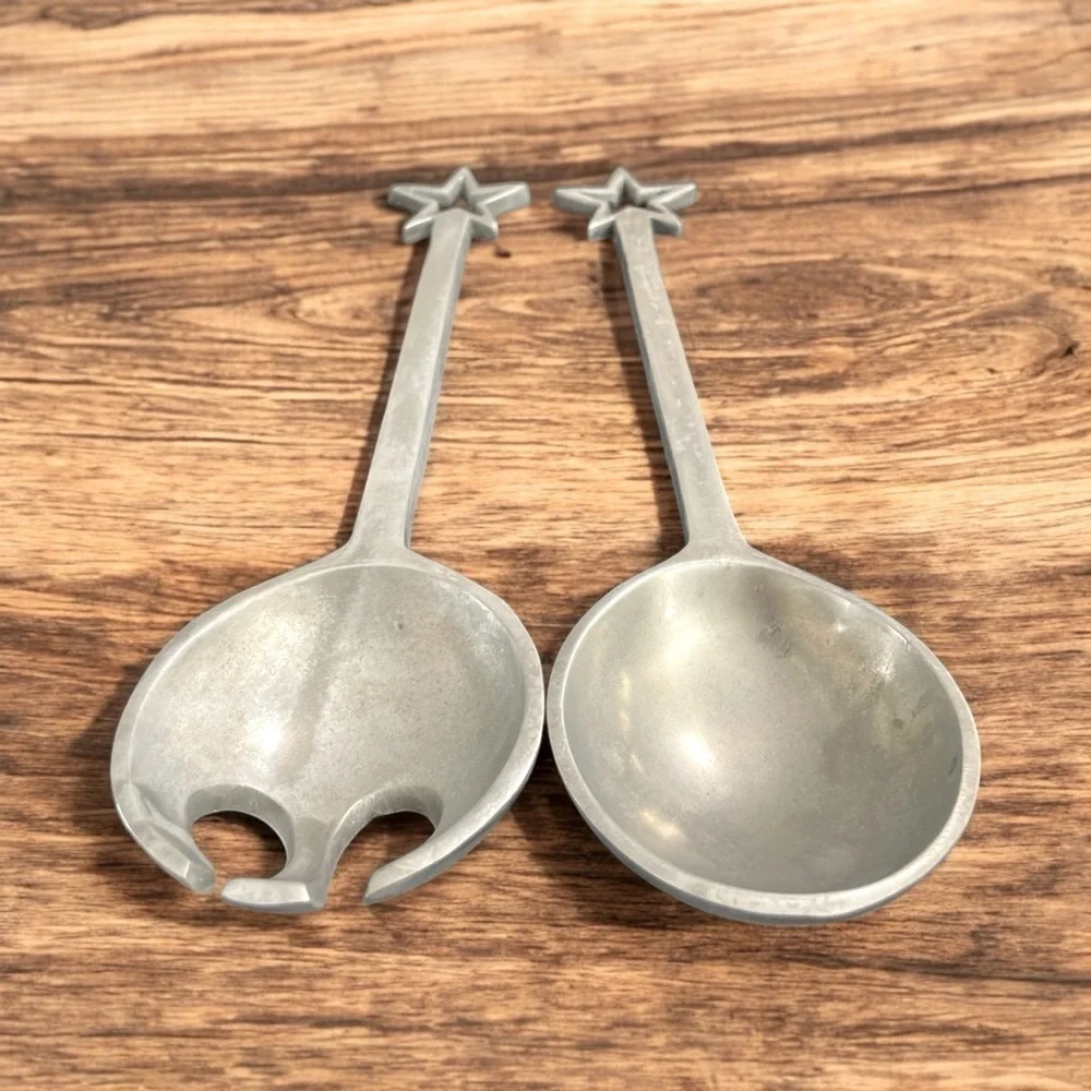 Vintage MCM Cast Aluminum Star Handle Salad Serving Set Spoon Fork 13” Silver To